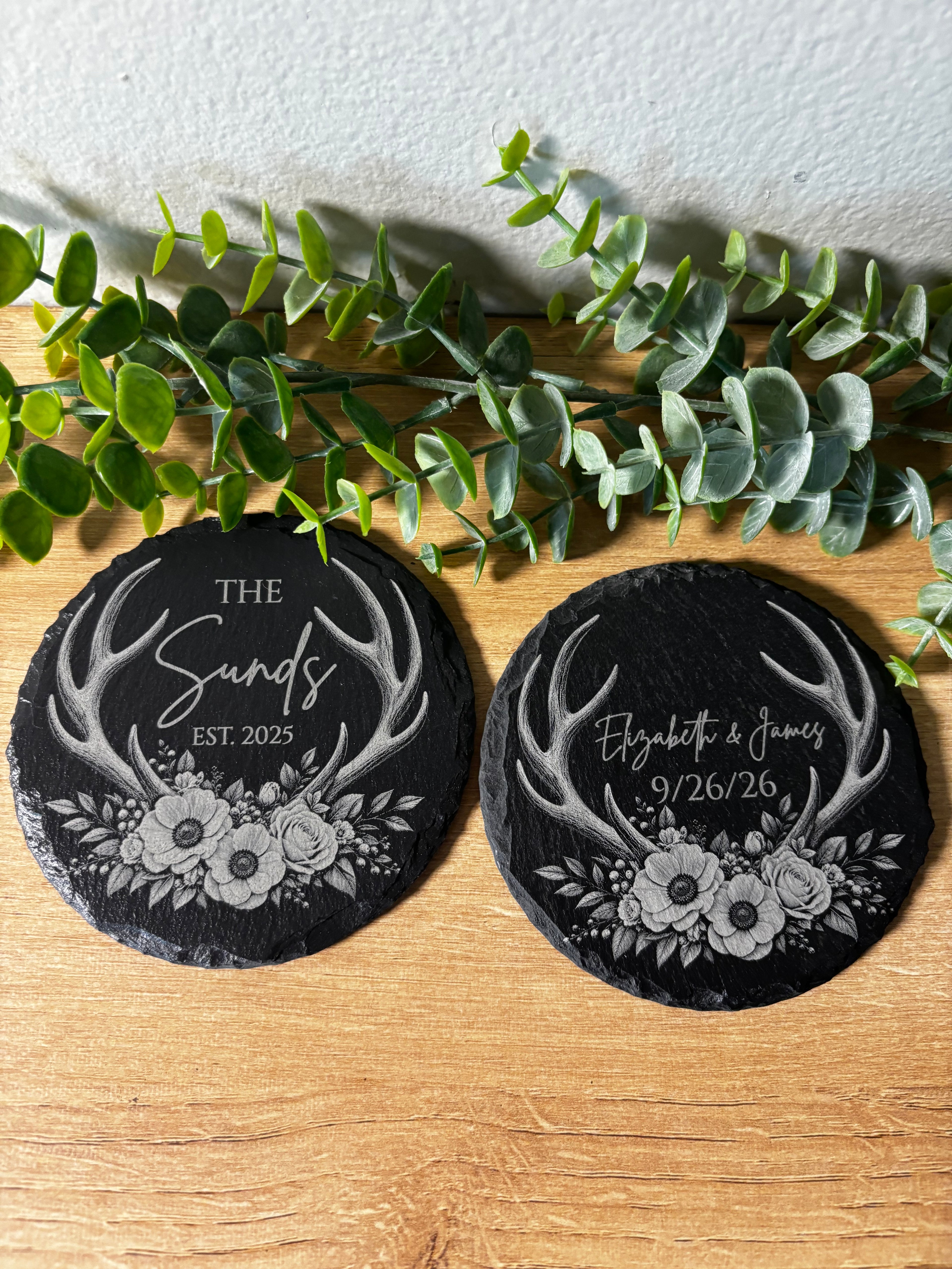 Personalized Floral Antler Slate Coasters | Custom Rustic Wedding & Anniversary Gift | Round Stone | Sunday Creations