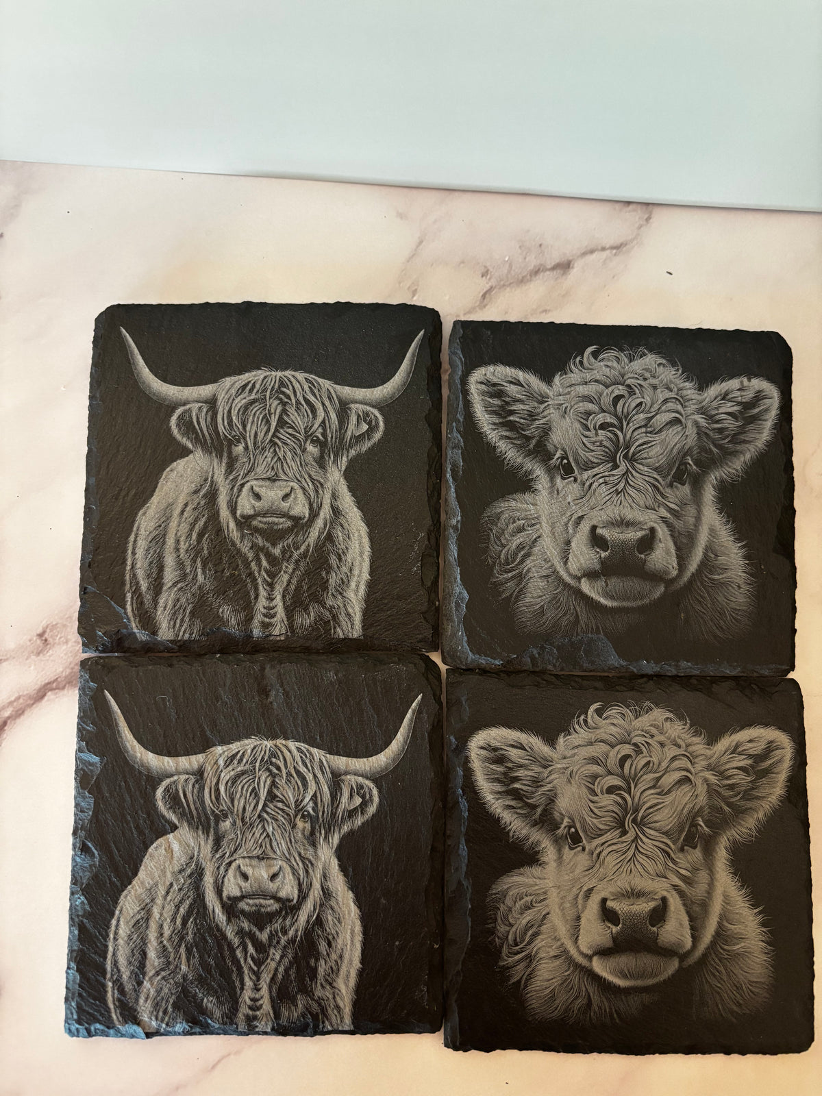 Highland Cow Slate Coasters – Set of 4 | Farmhouse Cow Coasters