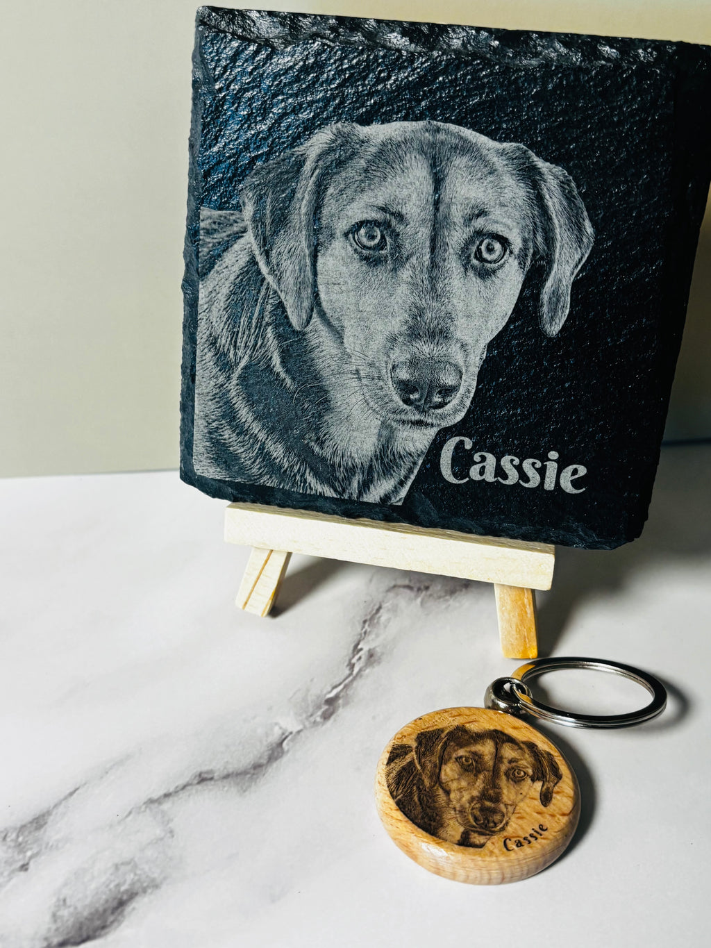 Personalized Pet Lover Gift Bundle | Custom Slate Portrait + Pet Keychain | Sunday Creations