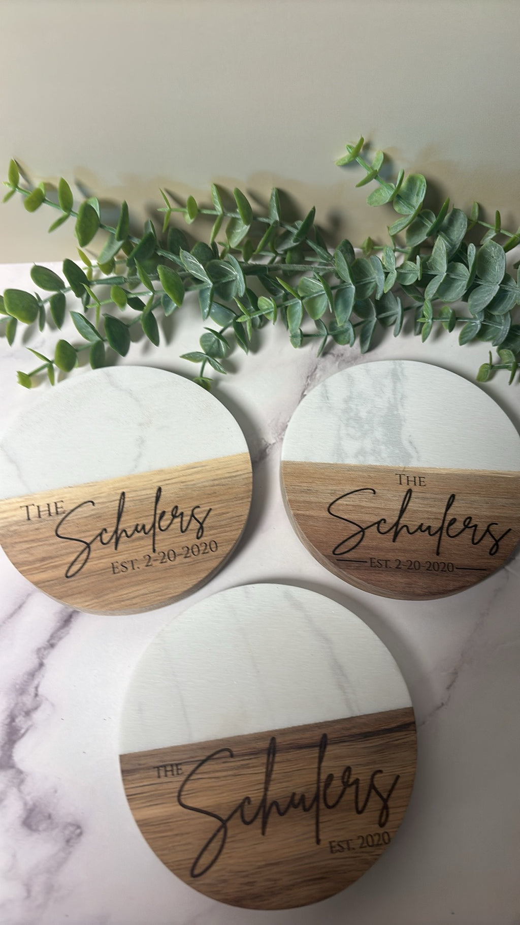 Personalized Marble & Wood Coasters – Custom Family Name Set