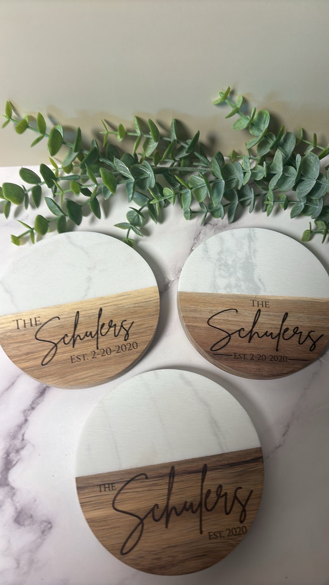 Personalized Marble & Wood Coasters – Custom Family Name Set