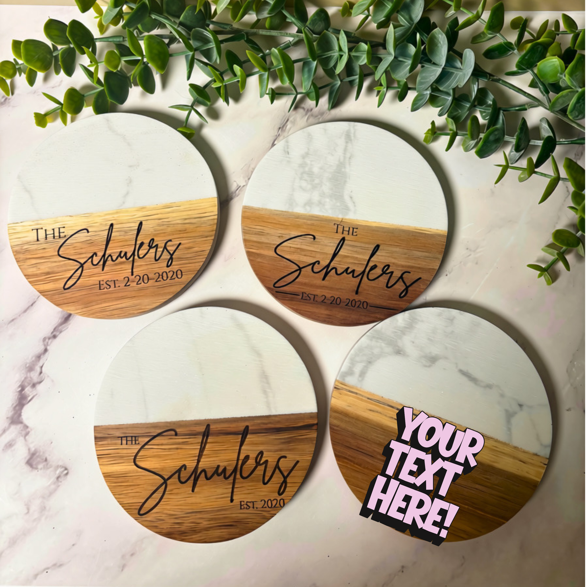 Personalized Marble & Wood Coasters – Custom Family Name Set